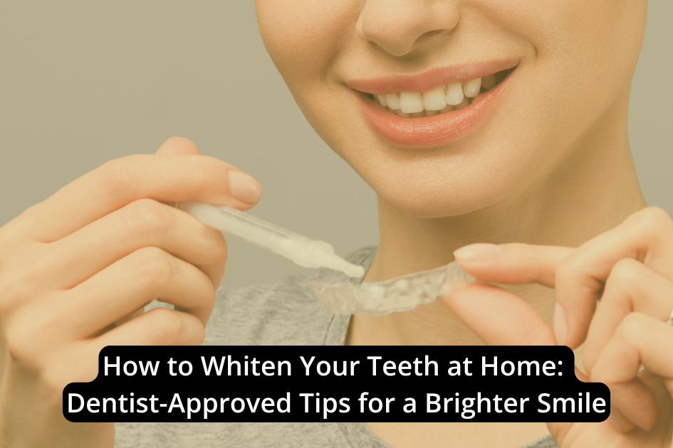 A woman smiles while holding a clear teeth whitening tray. Text overlay reads: “How to Whiten Your Teeth at Home: Dentist-Approved Tips for a Brighter Smile—plus signs you may need more than whitening.”.