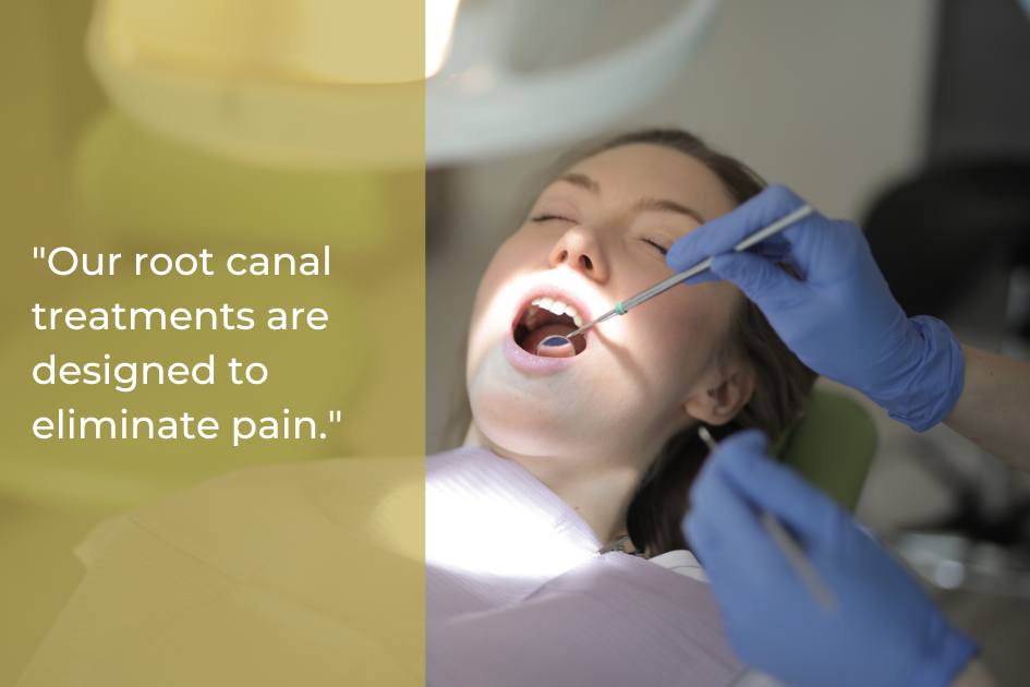 A dental patient reclines with mouth open as a dentist, wearing blue gloves, uses dental instruments; text explains how pain-free root canal treatments relieve common root canal symptoms.