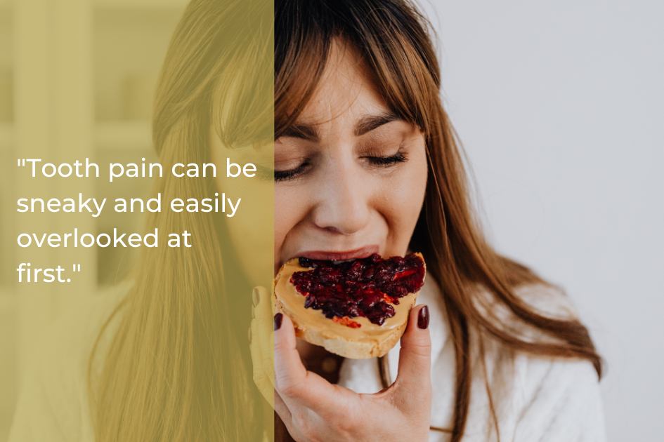 A woman appears to experience discomfort while biting into bread with peanut butter and jelly; a quote about root canal symptoms and tooth pain is displayed on the left side.