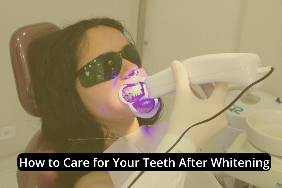 A woman wearing protective glasses receives a professional teeth whitening treatment at a dental clinic. Text overlay reads, "Teeth Whitening Aftercare: How to Care for Your Teeth After Whitening.
