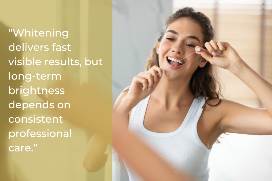 Woman smiling while using a teeth whitening strip in front of a bathroom mirror, alongside a quote about the importance of professional teeth care for lasting brightness.