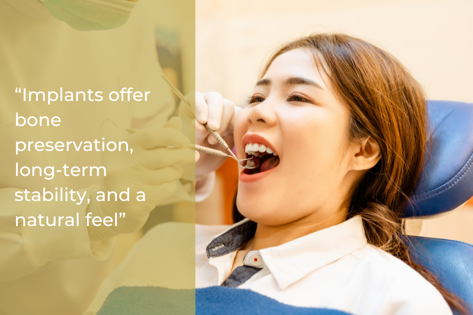A dentist examines a woman's mouth as she sits in a dental chair; a quote about the benefits of dental implants for achieving a confident smile is displayed on the left.