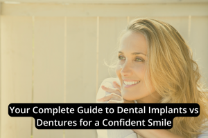 A smiling woman outdoors with her hands near her face, overlaid with the text: "Your Complete Guide to Dental Implants vs Dentures for a Confident Smile." Discover how dental implants can help you achieve the confident smile you deserve.