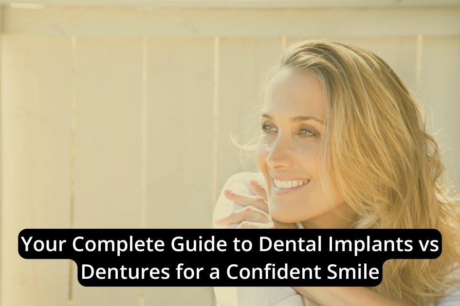 A smiling woman outdoors with her hands near her face, overlaid with the text: "Your Complete Guide to Dental Implants vs Dentures for a Confident Smile." Discover how dental implants can help you achieve the confident smile you deserve.