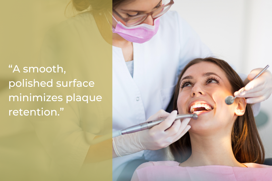 A dentist in a mask polishes a smiling female patient’s teeth while holding dental instruments; a dental hygiene quote about protecting your smile appears on the left.
