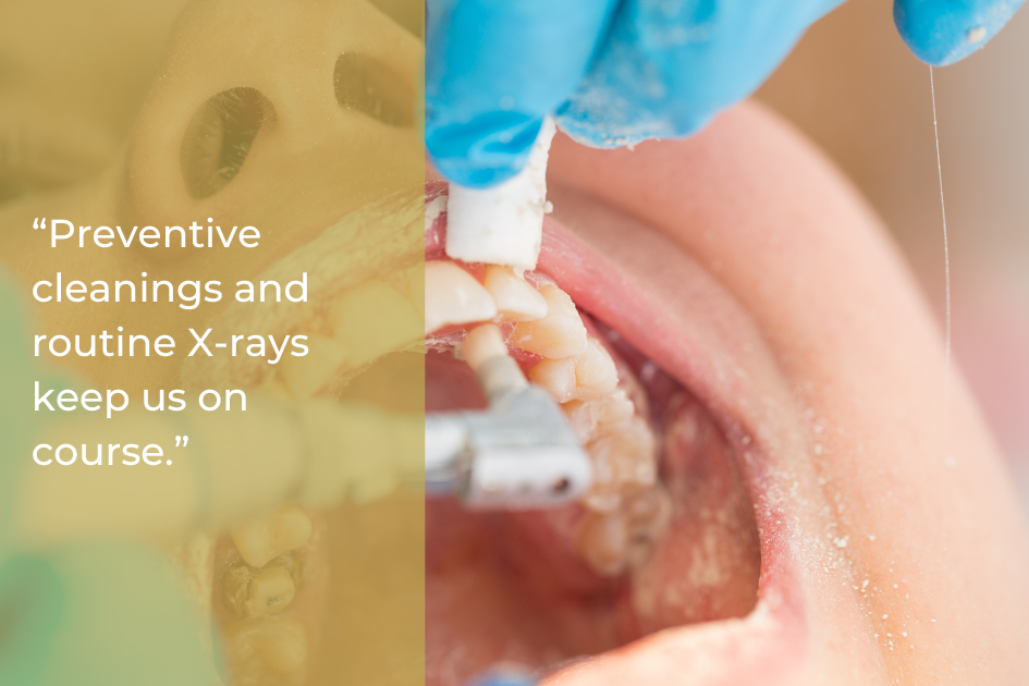 A dental professional cleans a patient's teeth during a dental appointment, while the patient’s mouth is open; text overlay discusses preventive care, X-rays, and the importance of a dental reset in 2026.
